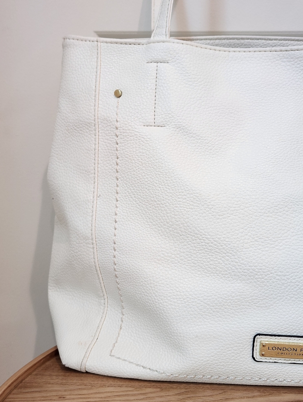 London Fog White Pebbled Leather Tote with Gold Accents - Picture 3 of 11